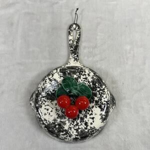 Vintage Ceramic White w/Black Sponge Print Skillet Wall Pocket Cherries 9.5"x6"
